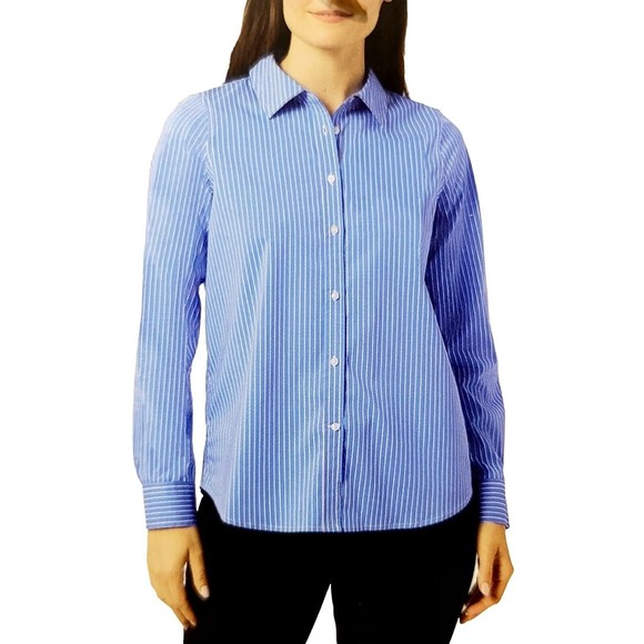 CHAPS Women's Easy Care No Iron Button Up Stretch Modal Blouse Blue Stripe, Sz L - Picture 1 of 12
